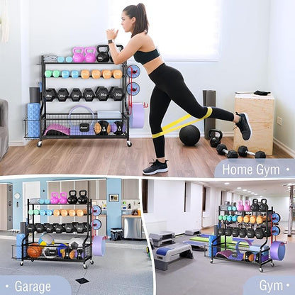 PLKOW Dumbbell Rack, Weight Rack for Dumbbells, Home Gym Storage for Dumbbells Kettlebells Yoga Mat and Balls, All in One Workout Storage with Wheels and Hooks, Powder Coated Finish Steel