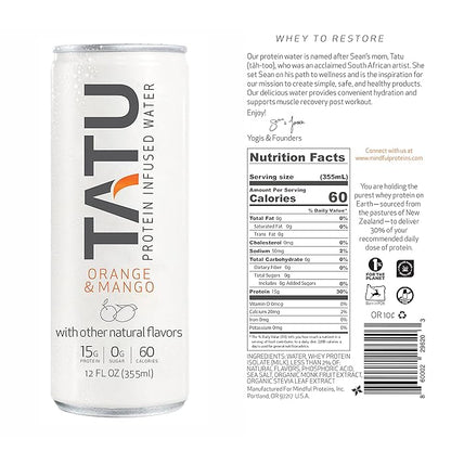 TATU Ready-To-Drink Protein Infused Water Orange Mango 4 Pack. 15 grams of whey protein isolate, 0 grams of sugar, only 60 calories. Lemon Ginger and Orange Mango. Gluten Free, lactose free.