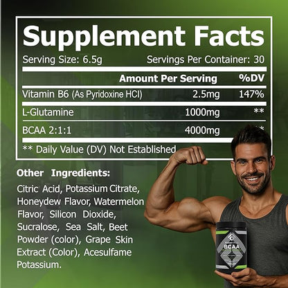 Fossil Fuel BCAA Sugar-Free Post-Workout Powder with BCAA?™s, Glutamine, Vitamin B6 After Workout, Amino Acids for Muscle Recovery, Endurance and Hydration, Honeydew Watermelon (30 Servings)