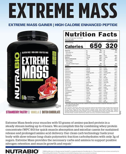 NutraBio Extreme Mass Gainer Protein Powder, 53G Protein, Clean Weight Gainer, Increase Muscle Mass, Full Spectrum Amino Acid - Vanilla, 6 Pound