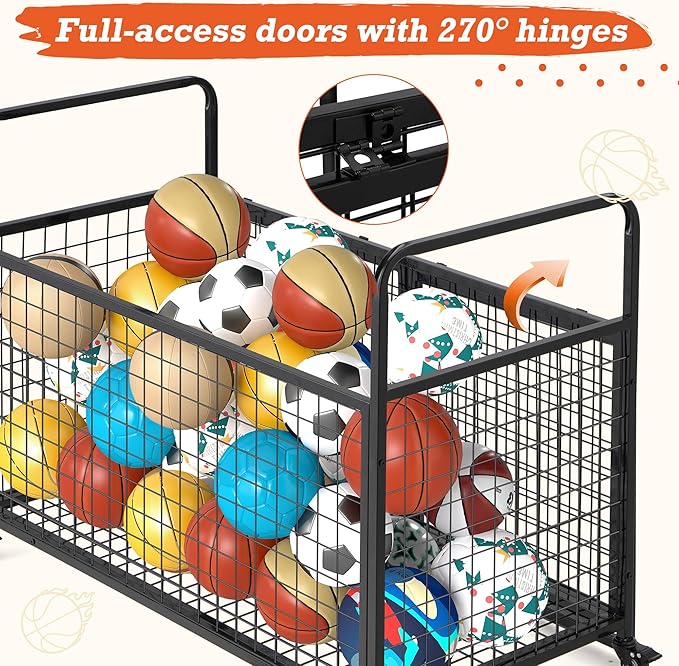 AECOJOY Ball Cart Storage, Rolling Basketball Bin with Wheels for Garage, School, Gym, Sports Equipment and Toy Organizer, Indoor & Outdoor