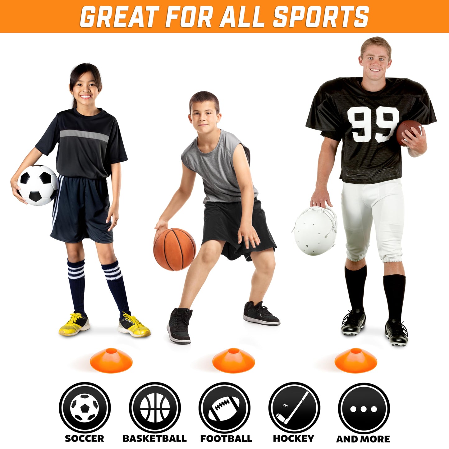 GoSports Agility Training Sport Cone 20 Pack with Tote Bag - Low Profile Field Markers for Kids and