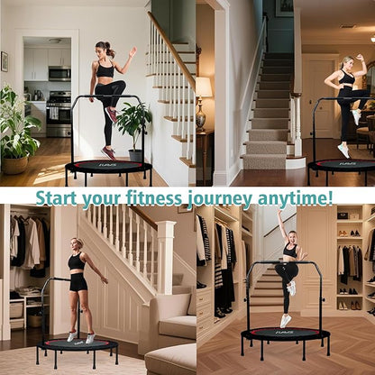 RAVS Mini Trampoline for Kids Adults 40"/48" Foldable Fitness Rebounder Kids Trampoline with 5 Levels Height Adjustable Handle Resistance Bands Indoor Workout