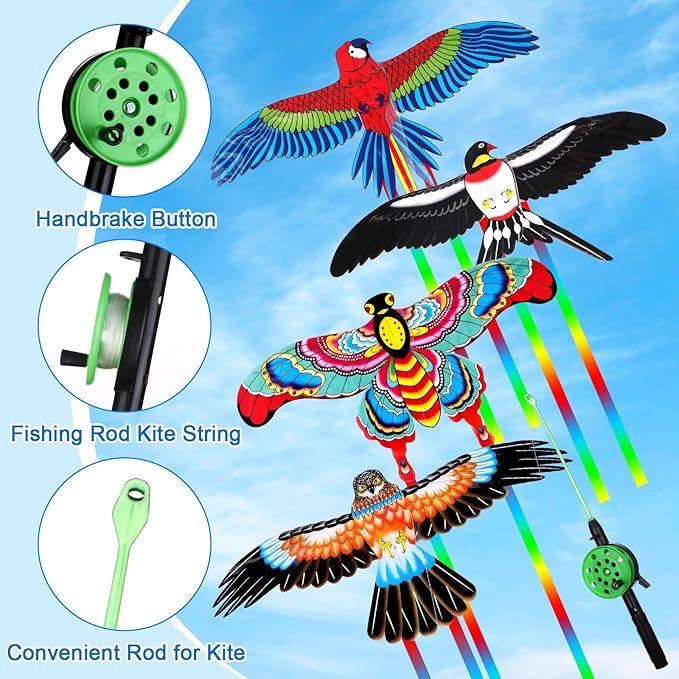 4Pcs Large Fishing Rod Kite for Kid Adults 23.62 Inch Vivid Swallow Parrot Phoenix Butterfly Kite Bulk, Easy to Fly, Kites for Adults Family in Spring Outdoor Beach Team Building