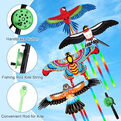 4Pcs Large Fishing Rod Kite for Kid Adults 23.62 Inch Vivid Swallow Parrot Phoenix Butterfly Kite Bulk, Easy to Fly, Kites for Adults Family in Spring Outdoor Beach Team Building