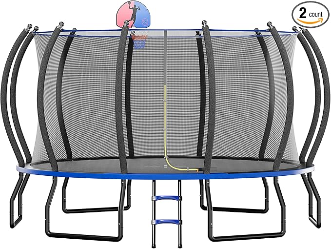 8FT 10FT 12FT 14FT 16FT Trampoline with Pop-up Quick Connector and Basketball Hoop, Trampoline Outdoor with Enclosure, Ladder, ASTM Approval for Kids and Adults