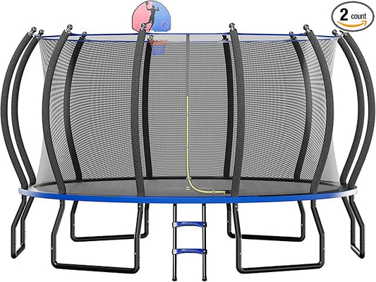 8FT 10FT 12FT 14FT 16FT Trampoline with Pop-up Quick Connector and Basketball Hoop, Trampoline Outdoor with Enclosure, Ladder, ASTM Approval for Kids and Adults