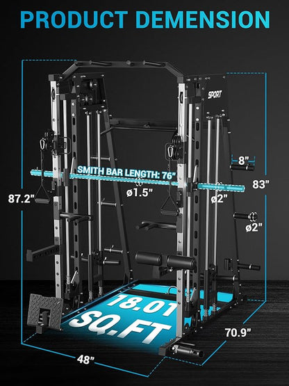 Smith Machine, Power Cage Squat Rack with Cable Crossover, Dual Pulley System, Pull-Up Bar, Home Gym Workout Equipment with Attachments for Strength Training and Weightlifting