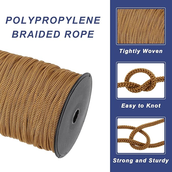 MECCANIXITY 3/16 Inch Polypropylene Rope Braided Ropes, 328ft Nylon Rope Hollow Utility Cord for Clothesline, Camping, Hiking, Outdoor, Brown