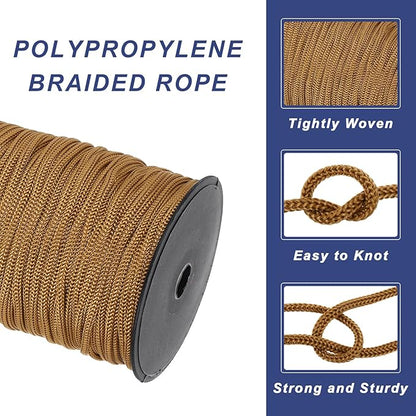 MECCANIXITY 3/16 Inch Polypropylene Rope Braided Ropes, 328ft Nylon Rope Hollow Utility Cord for Clothesline, Camping, Hiking, Outdoor, Brown