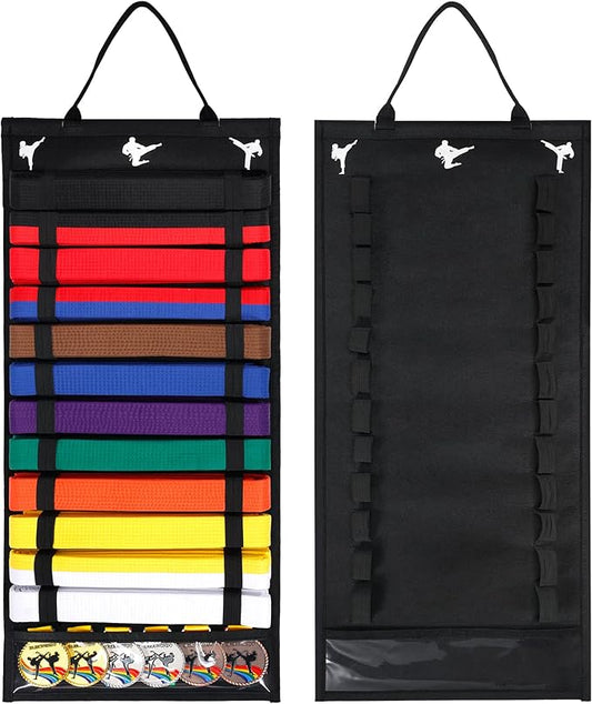 12 Belts Karate Belt Display Rack with PVC Medal Storage, Felt Taekwondo Belt Display Holder, Felt Martial Arts Belt Rack Present for Martial Art Learner & Students (Stud Included)