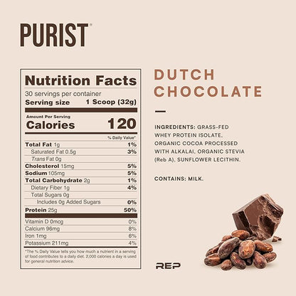 REP Purist Whey Protein Powder, Premium Chocolate Grassfed Isolate, Post-Workout Recovery, Keto Friendly, Clean Nutrition Meal Replacement, Promotes Lean Muscle, Sugar and Gluten-Free Women Men, 2 Lb