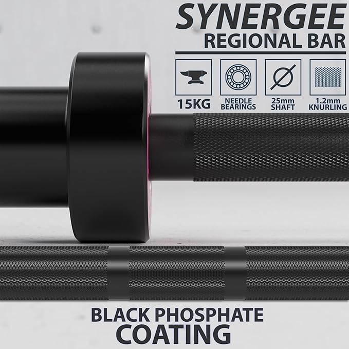 Synergee Regional Olympic 20kg Men’s and 15kg Women’s Hard Chrome & Black Phosphate Barbells. Rated 1500lbs for Weightlifting and Powerlifting.