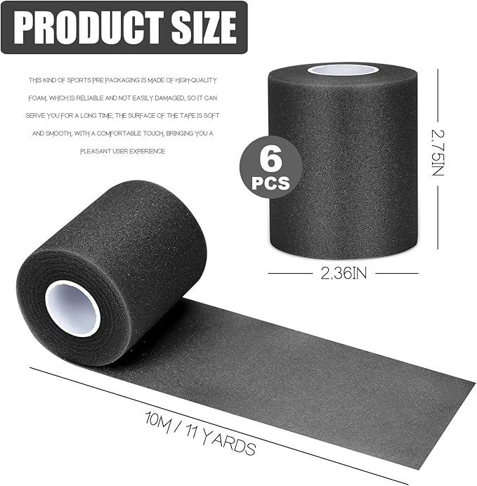 Black Prewrap,Prewrap Athletic Tape,6 Roll Pre wrap Headbands for Hair Soccer,Foam Underwrap Sports Wrap for Ankles Wrists Hands Knees Elbows 2.75 Inches X 12 Yards