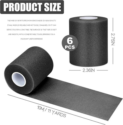 Black Prewrap,Prewrap Athletic Tape,6 Roll Pre wrap Headbands for Hair Soccer,Foam Underwrap Sports Wrap for Ankles Wrists Hands Knees Elbows 2.75 Inches X 12 Yards