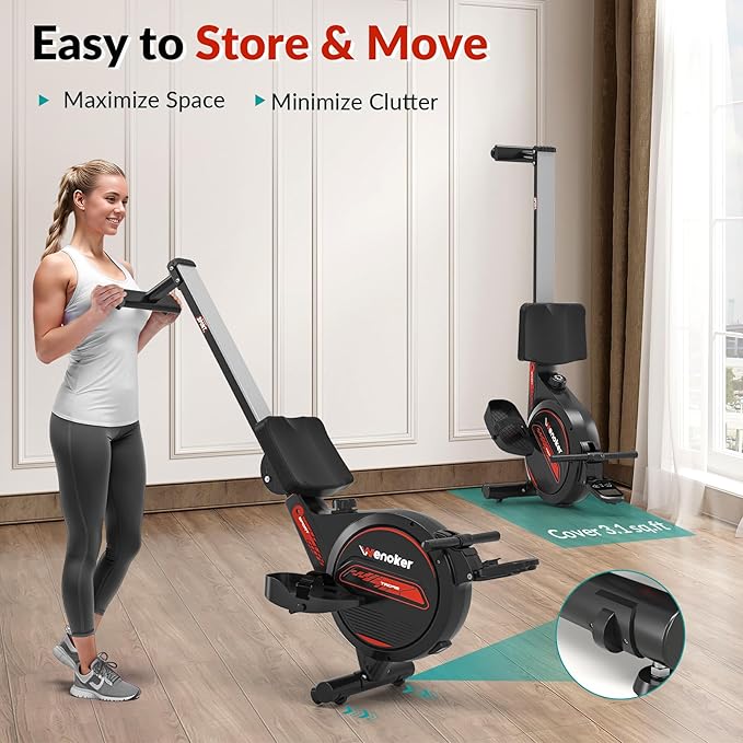 Rowing Machine,Wenoker Magnetic Rower Machine for Home,App Supported 350 LB Weight Capacity, Smooth Whisper Quiet with LCD Monitor Tablet Holder & Comfortable Seat Cushion, Compact and Saves Space