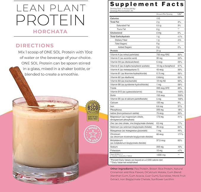 One Sol Lean Plant-Based Protein Powder, Pea & Brown Rice Protein, Low Carb, Vegan Friendly - Gluten, Lactose, & Soy Free - No Added Sugar, Non-GMO, Clean Nutrition, No Bloating (Horchata)