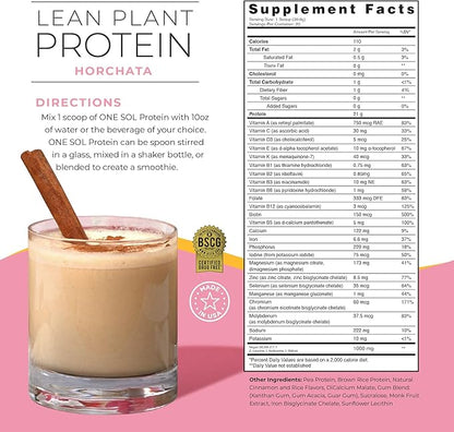 One Sol Lean Plant-Based Protein Powder, Pea & Brown Rice Protein, Low Carb, Vegan Friendly - Gluten, Lactose, & Soy Free - No Added Sugar, Non-GMO, Clean Nutrition, No Bloating (Horchata)