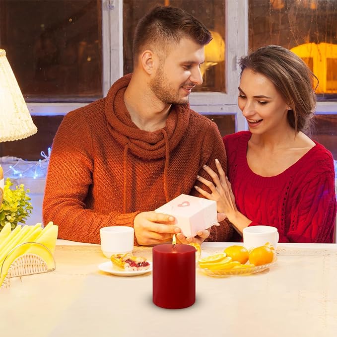 3 Packs Different Sizes Red Colored Pillar Candles, Unscented Non-Toxic 3x4, 3x6, 3x8 Inch Dripless Smokeless Cylinder Candles for Wedding, Home Decor, Dinner Table, Party, Power Outage, Emergency