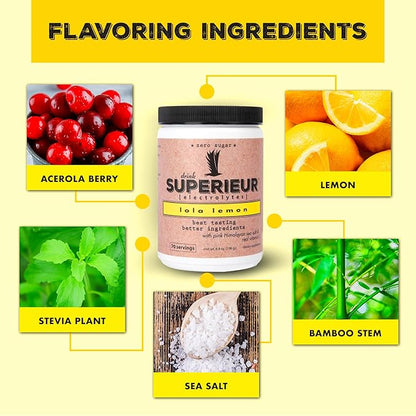 Superieur Electrolytes ??Plant Based Electrolyte Supplement w/Sea Minerals for Hydration & Recovery ??Keto Friendly, Non-GMO, Zero Sugar, Vegan Healthy Sports Drink Powder ??Lola Lemon (70 Servings)