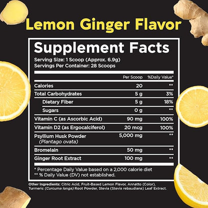 Pinch Magic Sugar Free Fiber Powder ??Light Lemon Ginger Psyllium Husk with Bromelain & Vitamins C & D ??Vegan, Gluten-Free, Clean Label, USA-Made, GMP-Certified ??28-Day Supply