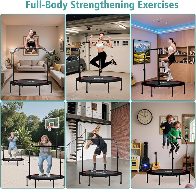 RAVS Mini Trampoline for Kids Adults 40"/48" Foldable Fitness Rebounder Kids Trampoline with 5 Levels Height Adjustable Handle Resistance Bands Indoor Workout