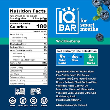 IQBAR Brain and Body Plant Protein Bars - Wild Blueberry - 24-Count Low Carb - Gluten Free, High Fiber, Vegan Snacks - Low Sugar Meal Replacement