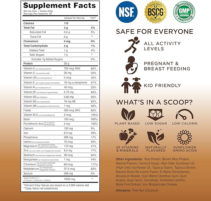 TRU Supplements Plant Based Protein Powder, BCAA, EAA, 20g Vegan Brown Rice & Pea Protein, 100 Calories, 27 Vitamins, No Artificial Flavors 25 Servings 25 Servings (Dulce De Leche)