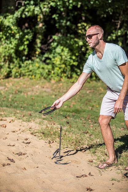 Triumph Forged and Steel Horseshoe Set Complete with 4 Horseshoes, 2 Stakes - Patriotic or Blue and Grey Colors - Perfect Addition for Parties and Outdoor Gatherings