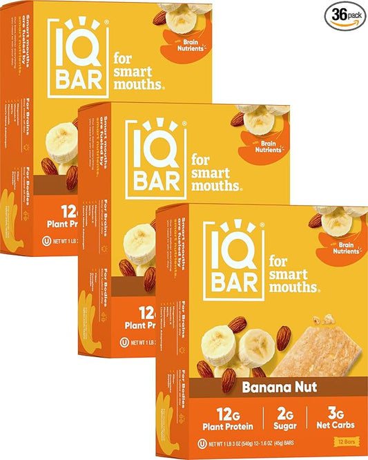 IQBAR Brain and Body Plant Protein Bars - Banana Nut - 36-Count Low Carb - Gluten Free, High Fiber