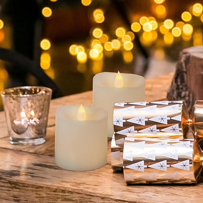 3x3 Flickering Flameless Candles Set of 2,3 inch Real Wax LED 600 Hours Battery Candles with Timer Remote,Control for Wedding Party Indoor,Ivory