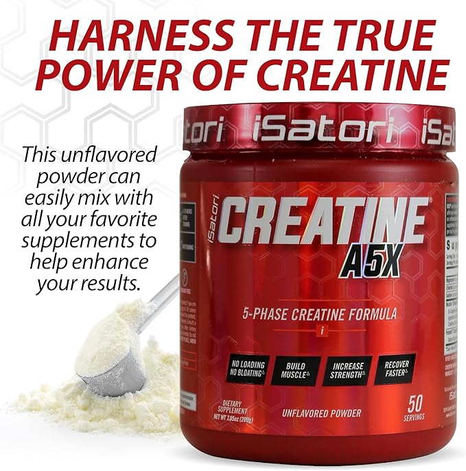 iSatori Creatine A5X with Creatine Monohydrate & Betaine Anhydrous for Muscle Growth, Strength Building, & Recovery - Dietary Supplement for Training & Weight Lifting - Unflavored (50 Servings)