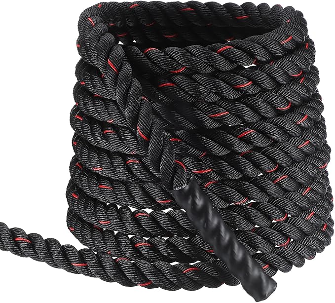 MECCANIXITY Battle Rope 40ft x 1.5 Inch Polyester Workout Rope Heavy Fitness Exercise Rope for Strength Training Home Gym Muscle Building, Black Red