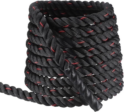 MECCANIXITY Battle Rope 40ft x 1.5 Inch Polyester Workout Rope Heavy Fitness Exercise Rope for Strength Training Home Gym Muscle Building, Black Red