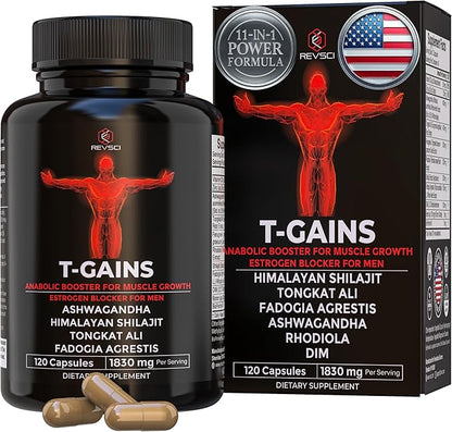 Anabolic Booster & Muscle Builder, T-GAINS Testosterone Supplement for Men, TRT Test Booster & Estrogen Blocker, HGH Supplements for Men - Tongkat Ali Fadogia Agrestis for Muscle Growth, 120 Caps