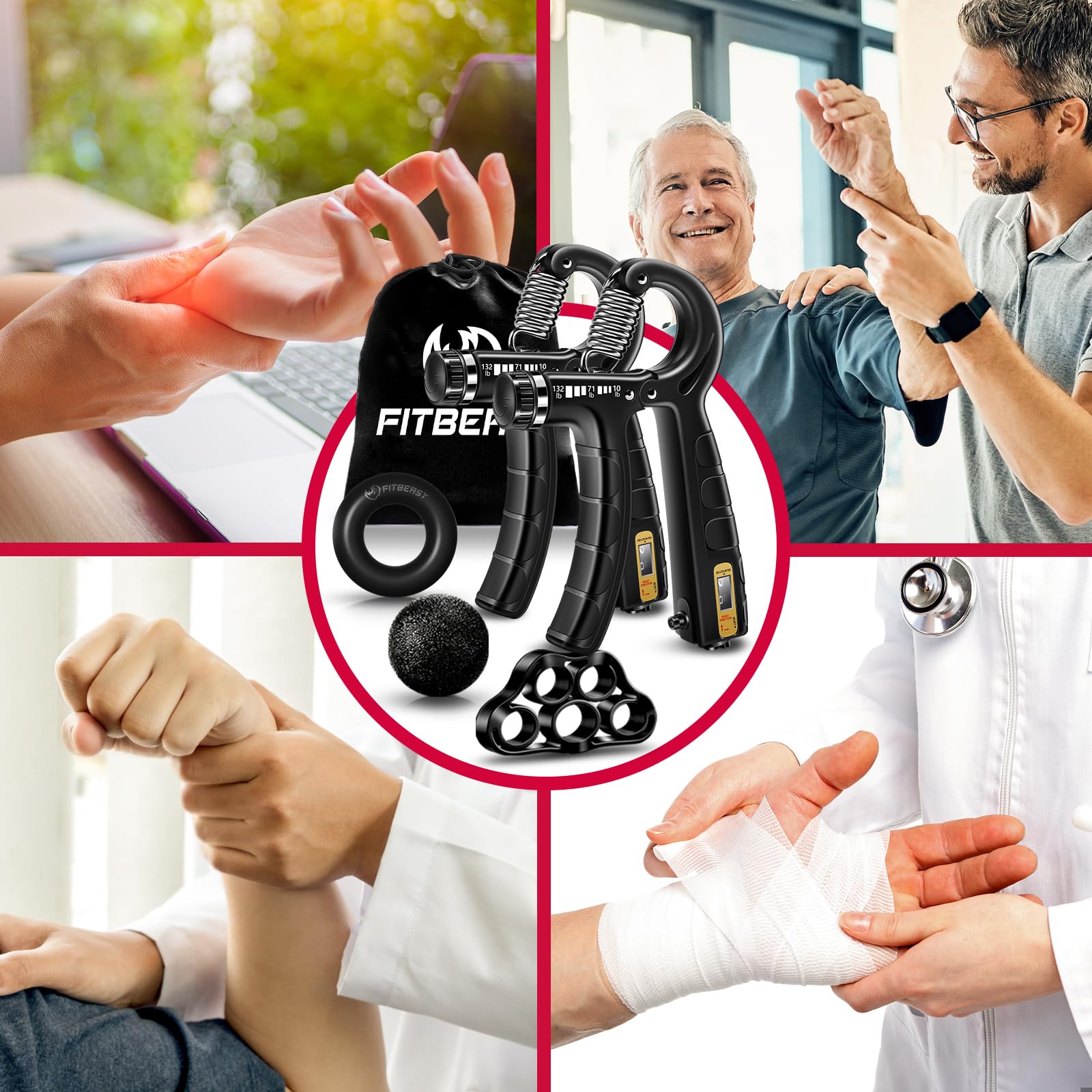 FitBeast Hand Grip Strengthener Workout Kit (5 Pack), 2 Forearm Grip Adjustable Resistance Hand