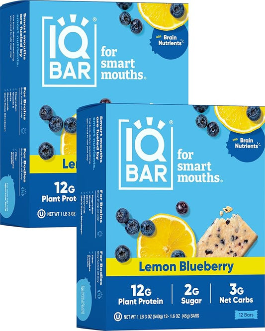 IQBAR Brain and Body Plant Protein Bars - Lemon Blueberry - 24-Count Low Carb - Gluten Free, High