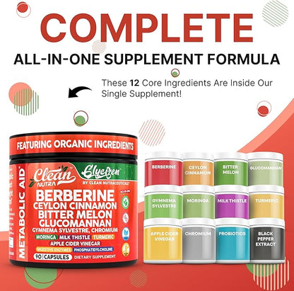 Clean Nutra Berberine and Ceylon Cinnamon Supplement Bitter Melon Glucomannan Gymnema Sylvestre Chromium Moringa Milk Thistle Turmeric Apple Cider Vinegar Digestive Enzymes Inositol Pills 90 Capsules