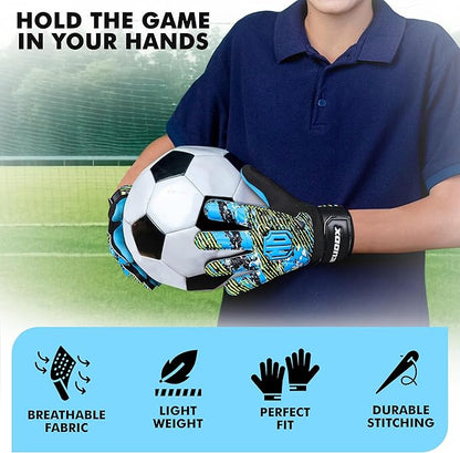 Soccer Goalkeeper Gloves, Double Wrist Protection, Anti-Slip Palm, Youth Kids Size, Black/Yellow/Blue