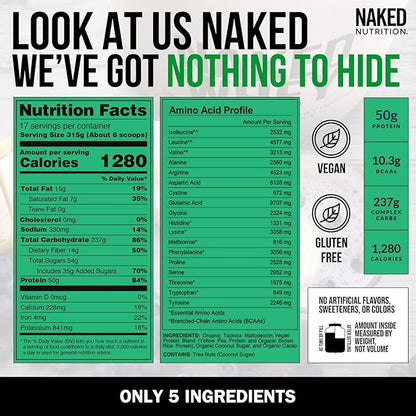NAKED Vegan Mass - Chocolate Vegan Weight Gainer - 1,280 Calories, Non-GMO, Soy & Gluten Free, No Artificial Ingredients - 12LB Bulk - 17 Servings