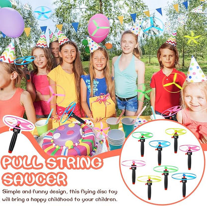 24 Pcs Flying Saucer Flying Disc Toy Helicopter Toy Disco Flyers Include 8 String Launchers and 16 Flying Saucer Flying Disc Launcher Flying Toys Little Teens Outdoor Activity Birthday Favors