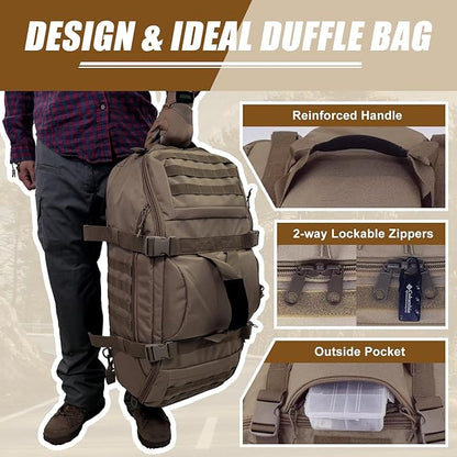65L Large Travel Gym Duffle Bag Military Tactical Backpack, Army Pack 3 Day Bug Out Bag Rucksack for Outdoor Sport Hiking Camping with Molle System, Coyote
