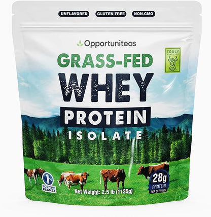 Opportuniteas Grass Fed Whey Isolate Protein Powder - Unflavored 28g Protein Powder Without Artificial Sweeteners, Hormone-Free Cows, Non GMO - 2.5lb