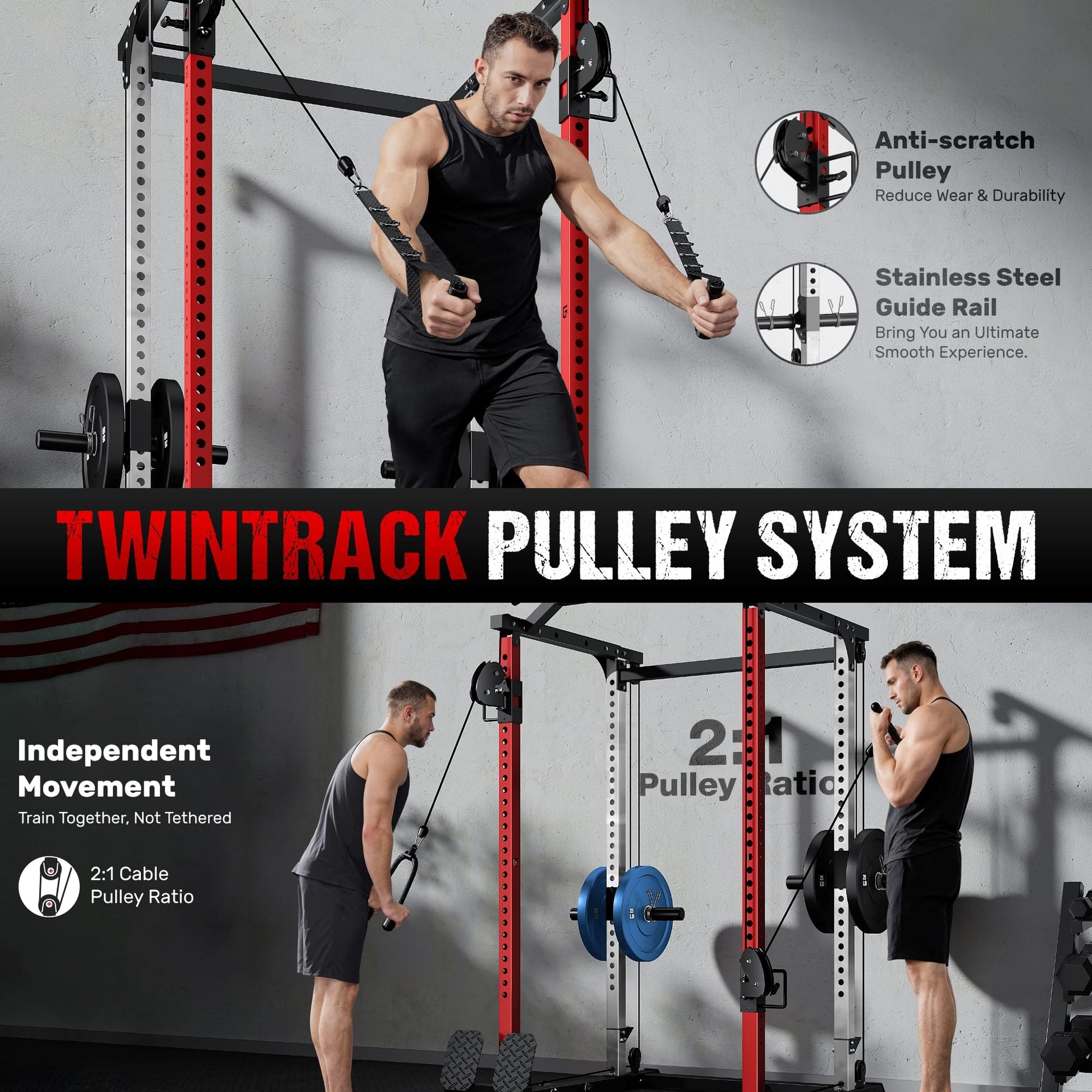 GOIMU DP01 Power Cage, 2000LBS Squat Rack with Cable Crossover and Dual Independent Pulley System