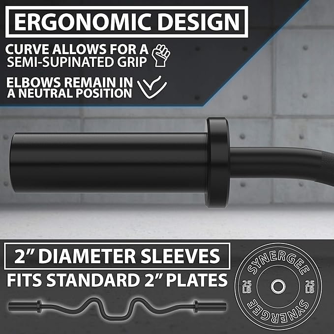 Synergee Commercial Super EZ Curl Olympic Bar Chrome, Black Phosphate and Red with Powder Coated Brass Bushings Excellent for Bicep Curls and Triceps Extensions