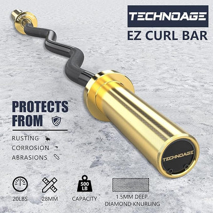 TECHNOAGE Olympic EZ Curl Bar, 47" Curl Bar(350/500LBS Capacity) 20LB, Solid Steel, Chrome Finish Barbell with Copper Sleeve and Bearing for 2-inch Plates, for Weight Lifting,Hip Thrusts,Squat,Biceps-Home Gym Weight Bar