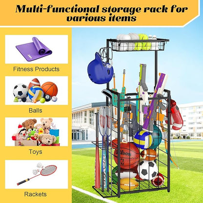 Sports Equipment Organizer, Small Garage Ball Storage Rack with Elastic Straps and 3 Hooks, Garage Organization Storage Rack for Balls and Sports Equipment, Toy Organizer Stand for Room, Gym, Black