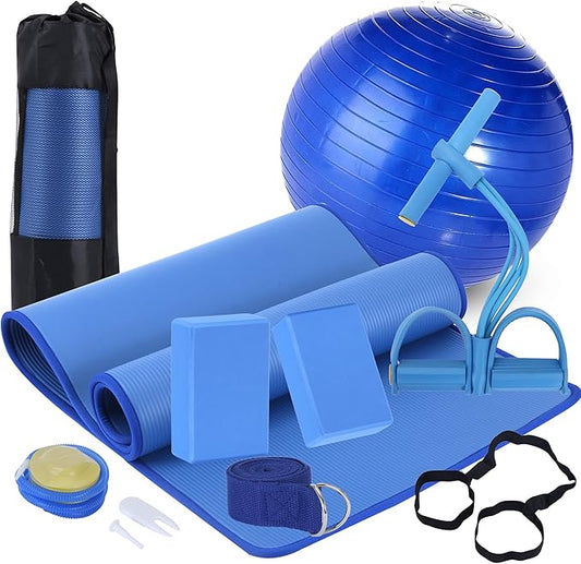 Yoga Mat Set for Beginners,Yoga Mat with Carrying Strap,Yoga Blocks 2 Pack with Yoga Strap,Yoga Ball,Ankle Puller,11-Piece Yoga Kits and Sets for Beginners,Yoga Starter Kit for Women Men