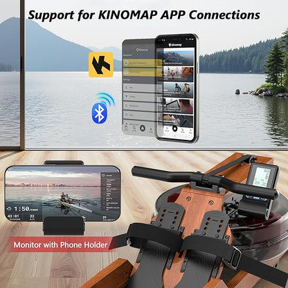 Water Rowing Machine for Home Use, WENOKER Wooden Foldable Rower Machine with Adjustable Monitor & Bluetooth APP, Large Water Tank & Comfortable Seat for Immersive Water Rower, 350LBS Weight Capacity
