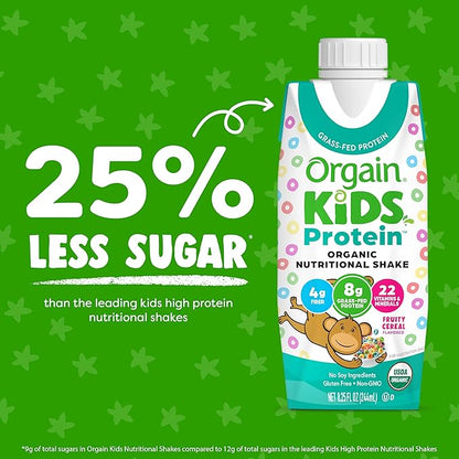 Orgain Organic Kids Nutritional Protein Shake, Fruity Cereal - Kids Snacks with 8g Dairy Protein, 22 Vitamins & Minerals, Fruits & Vegetables, Gluten Free, Soy Free, Non-GMO, 8.25 Fl Oz (Pack of 12)
